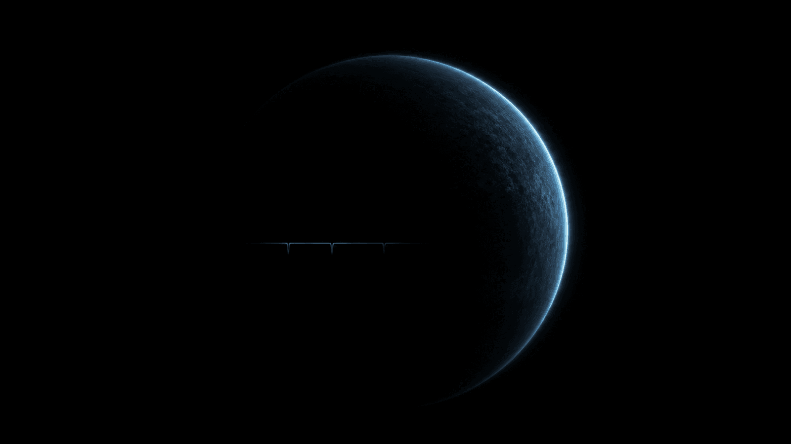 A dark Earth-like exoplanet with a thin illuminated atmosphere and a minimal spectral trace against deep space.