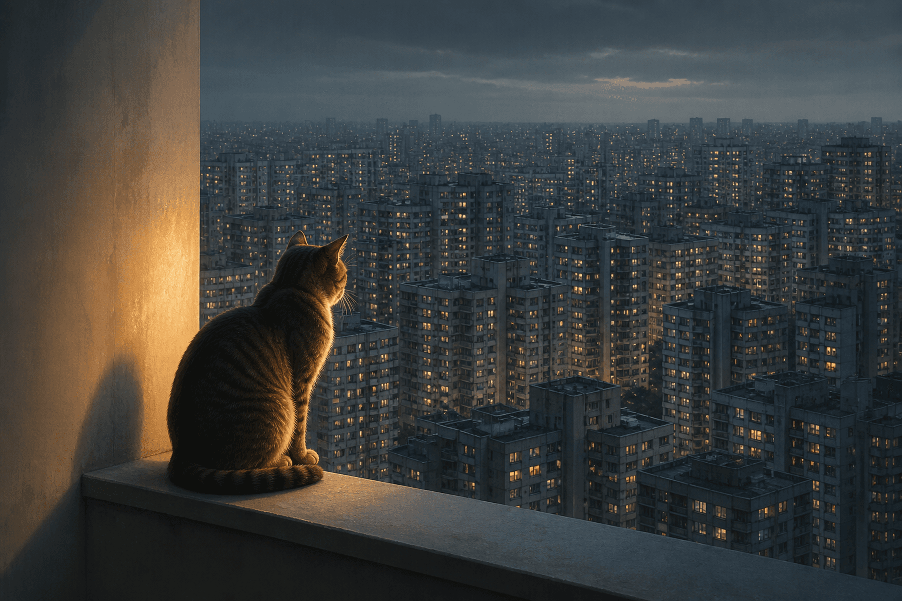 A single house cat sits on a high-rise windowsill overlooking a vast city of densely repeated apartment towers at dusk.