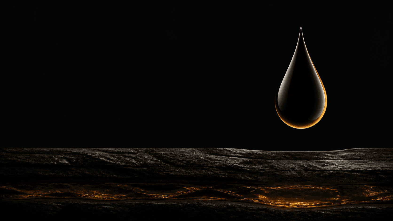 A single black oil droplet suspended above an amber petroleum reservoir inside a thin dark geological layer.