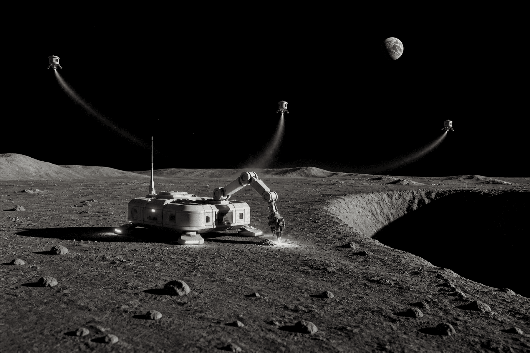 An autonomous lunar laboratory dispatches three small rocket-powered drones beside a dark south-polar crater.