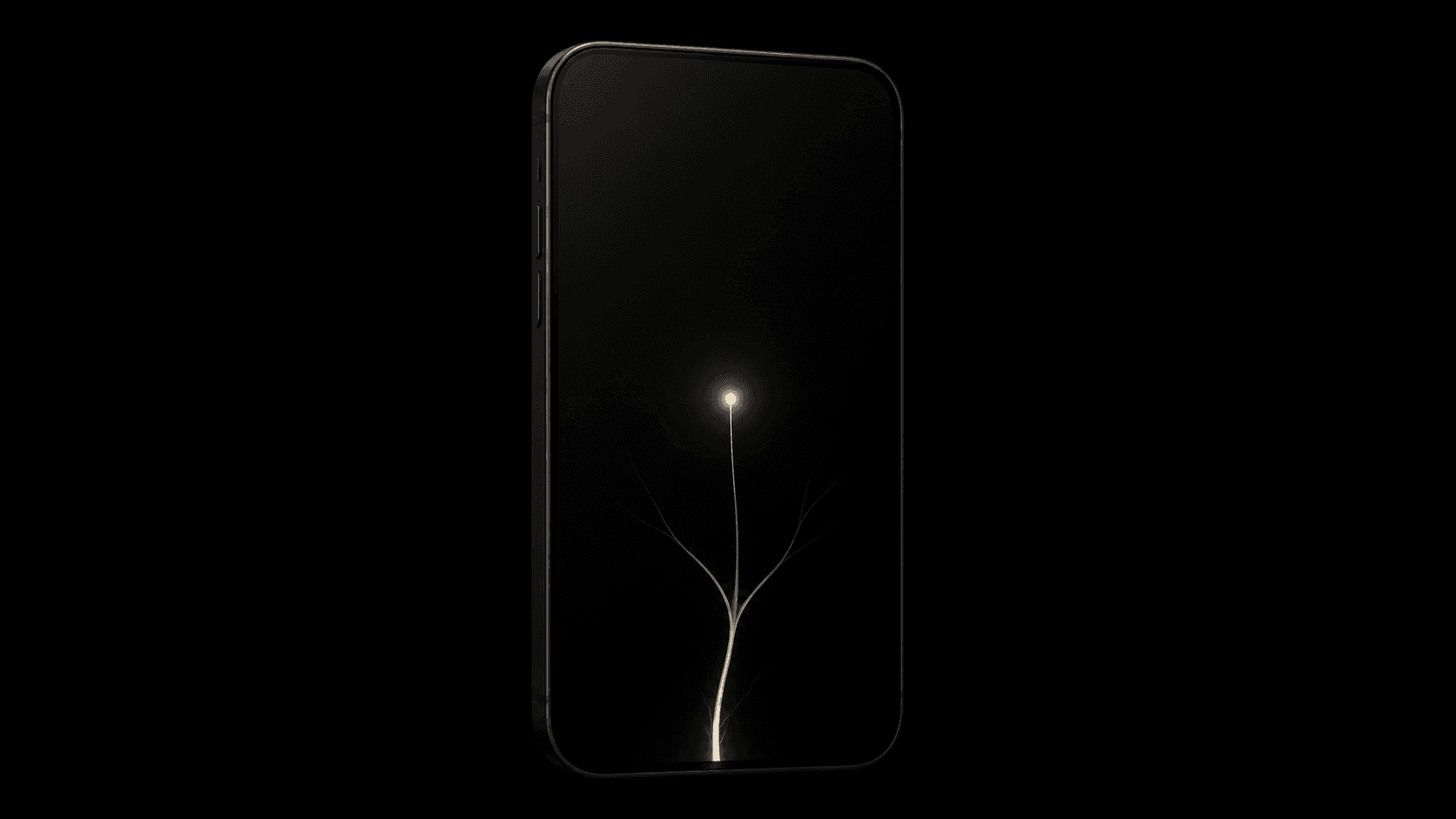 A single black smartphone with a delicate neural filament glowing beneath its dark glass.
