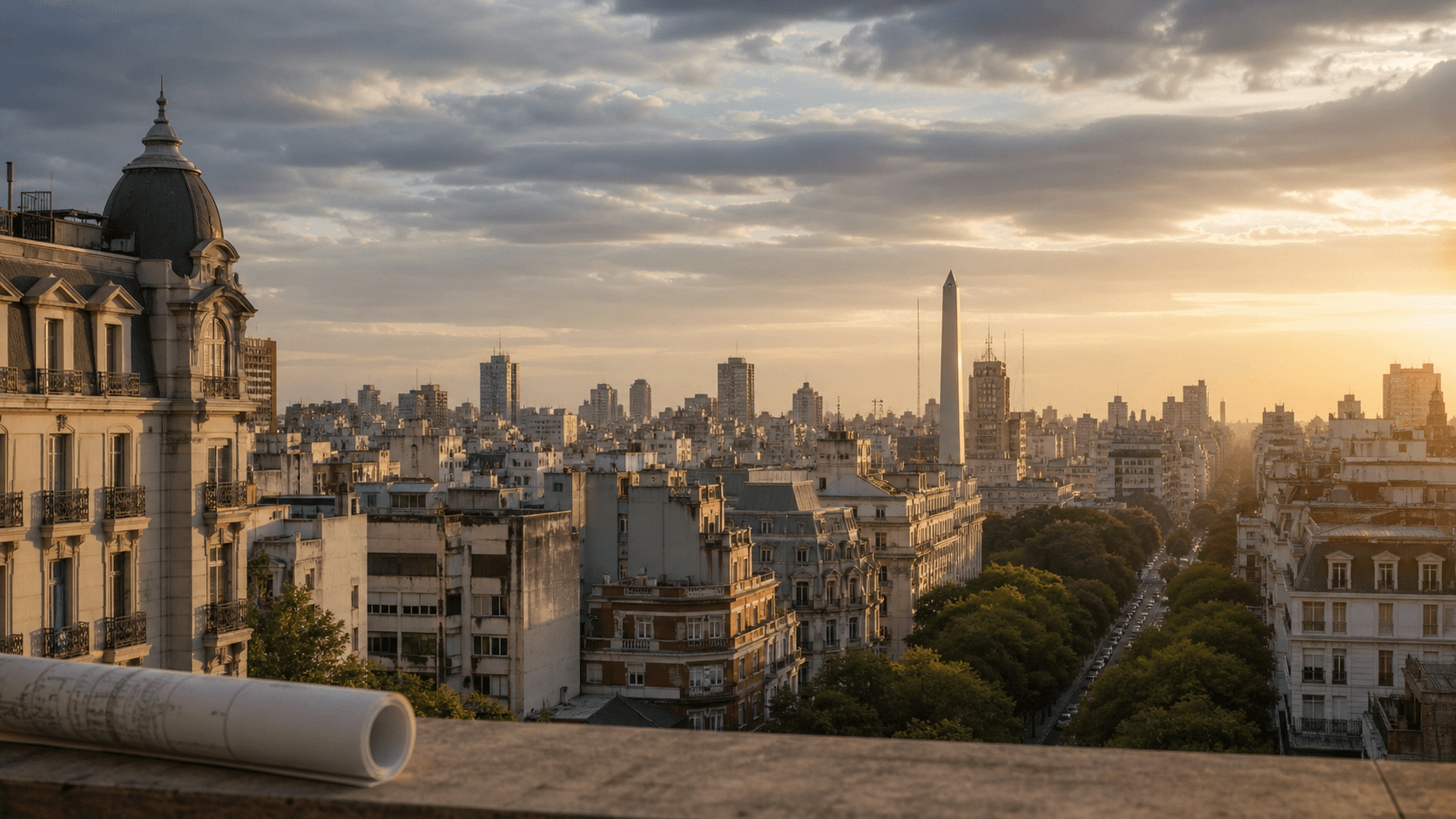 Buenos Aires apartment buildings and tree-lined avenues glow at sunset beneath the Obelisk skyline.