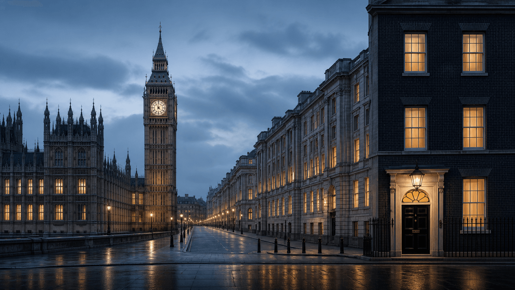 An empty Palace of Westminster, Whitehall and the black door of 10 Downing Street are joined by warm institutional light at blue hour.