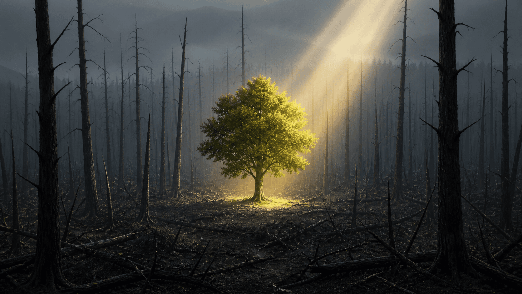 A single living green tree is illuminated by warm sunlight in a vast forest of dead, leafless trees.