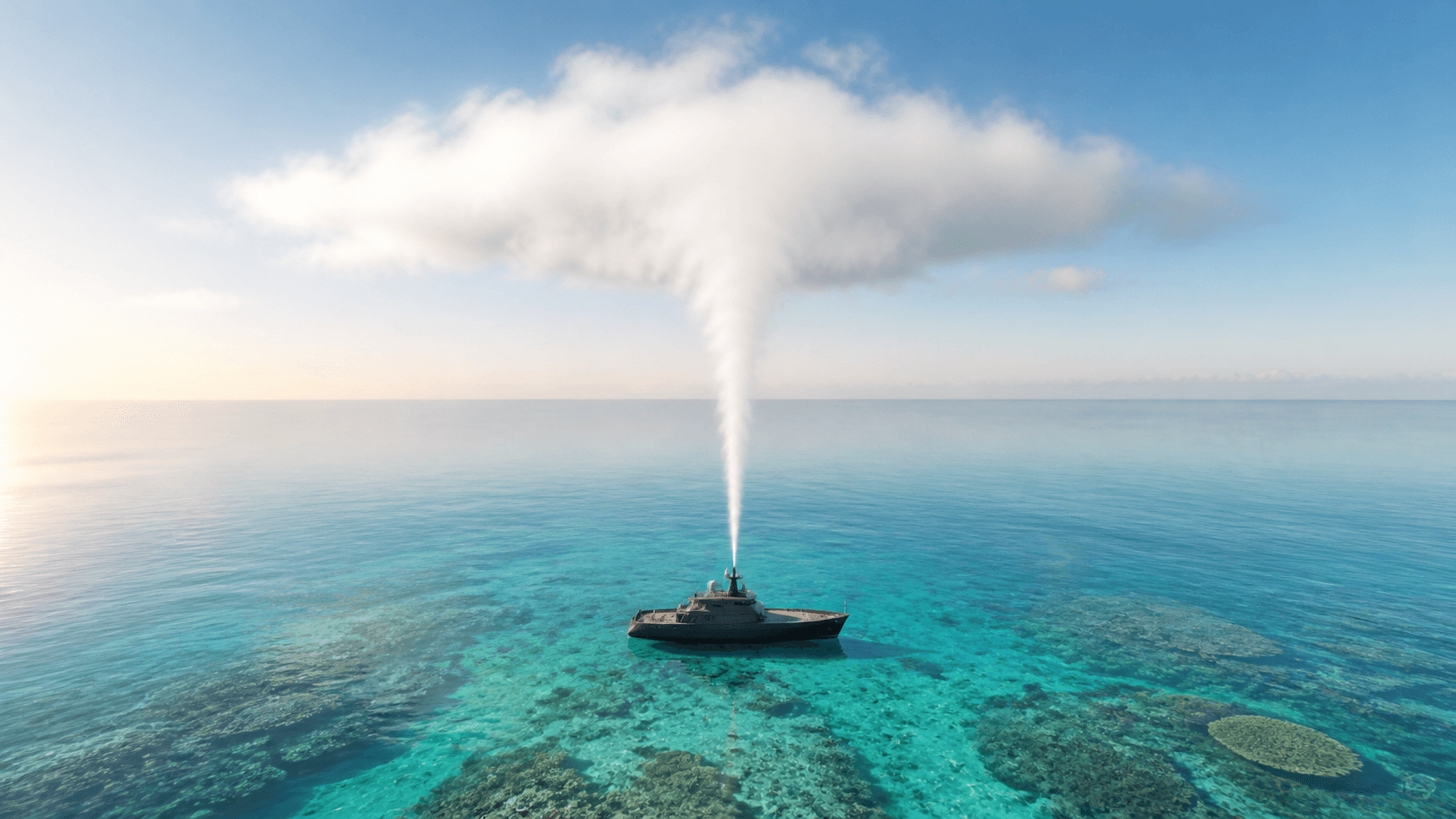 A single black research vessel sends a white sea-spray plume toward one low bright cloud above a turquoise coral reef.