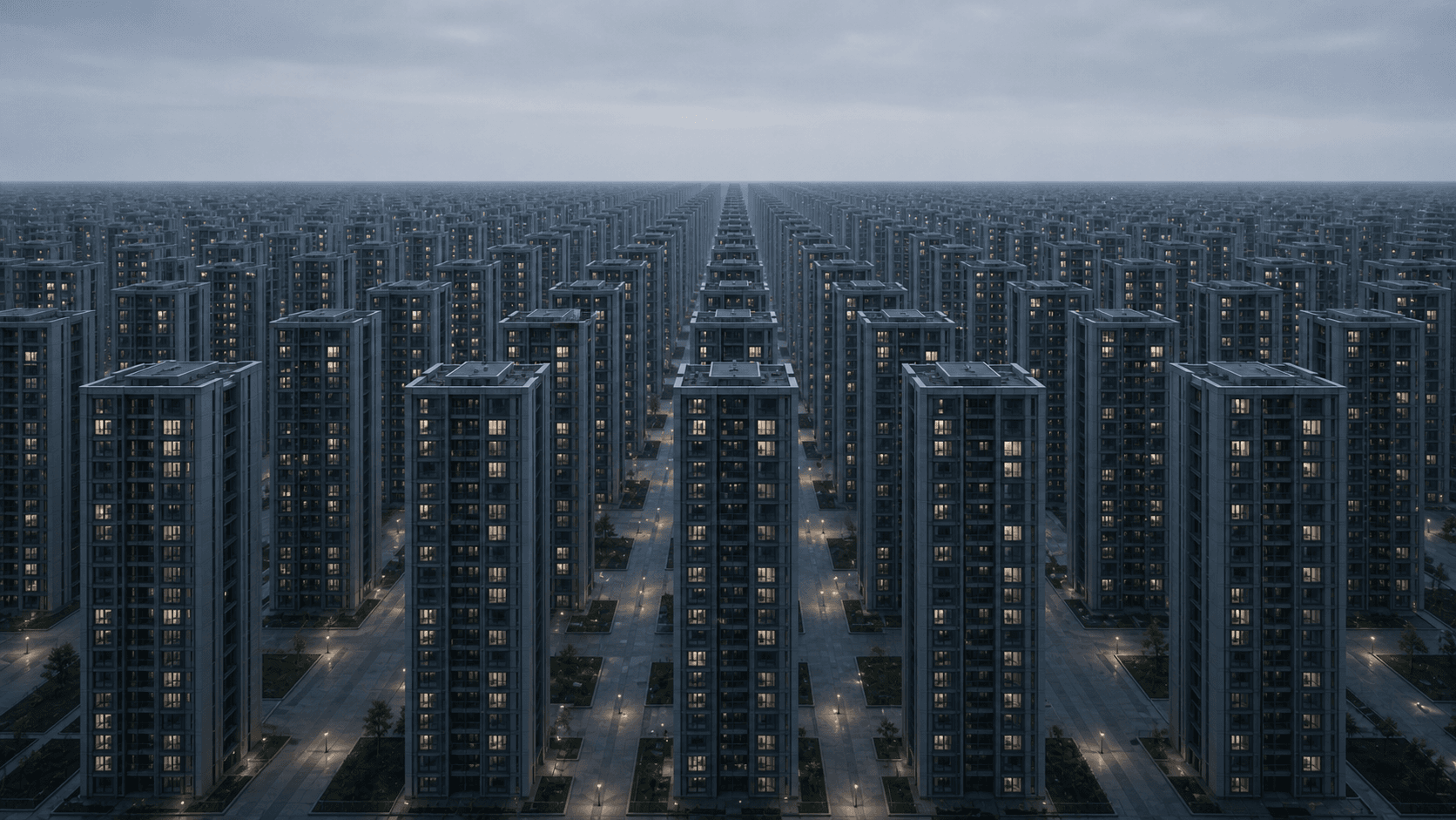 One identical residential skyscraper is repeated in rigid rows across a vast blue-grey city.