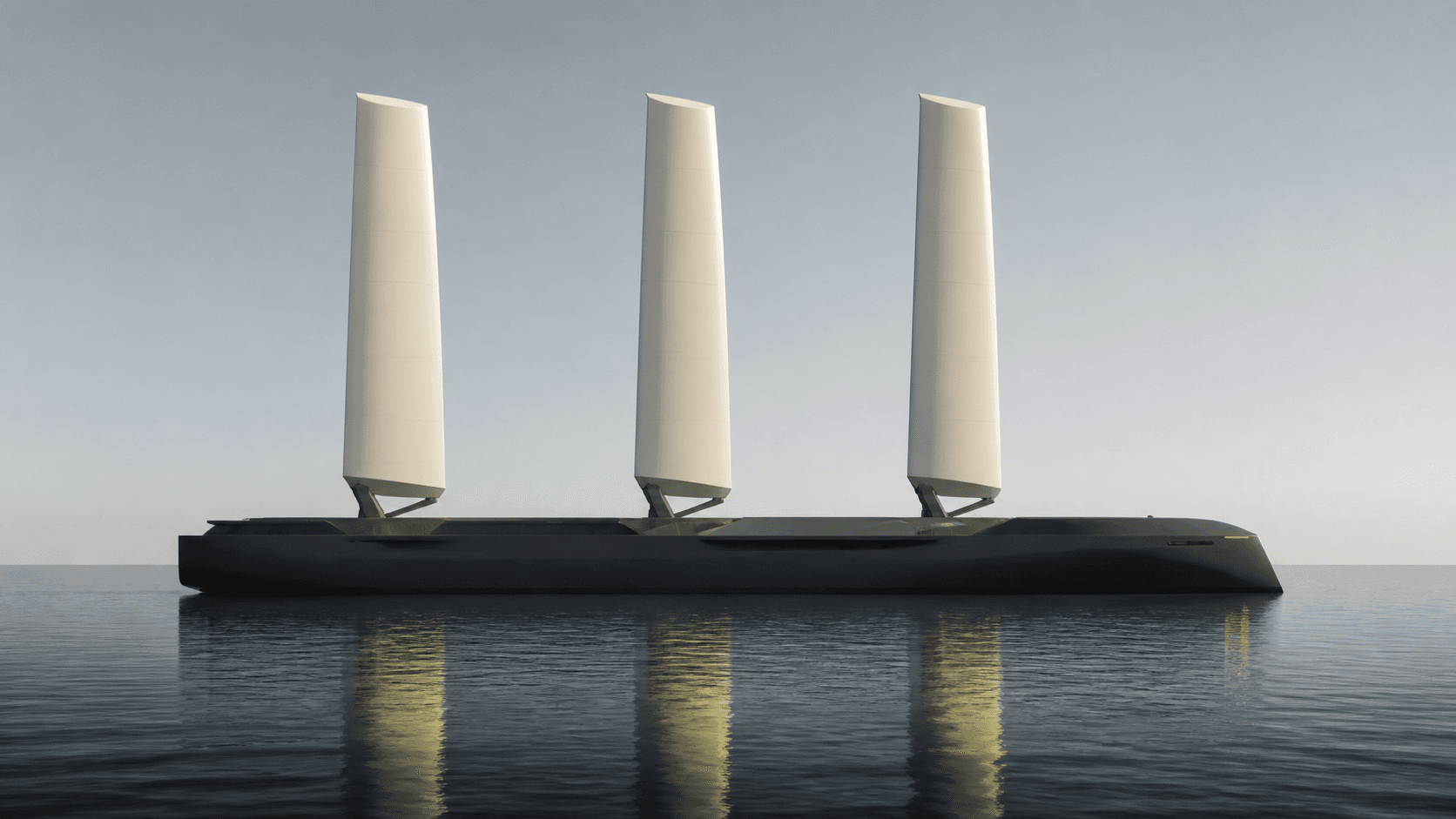 A minimal futuristic black cargo ship crosses calm water beneath three identical ivory rigid wing-sails.