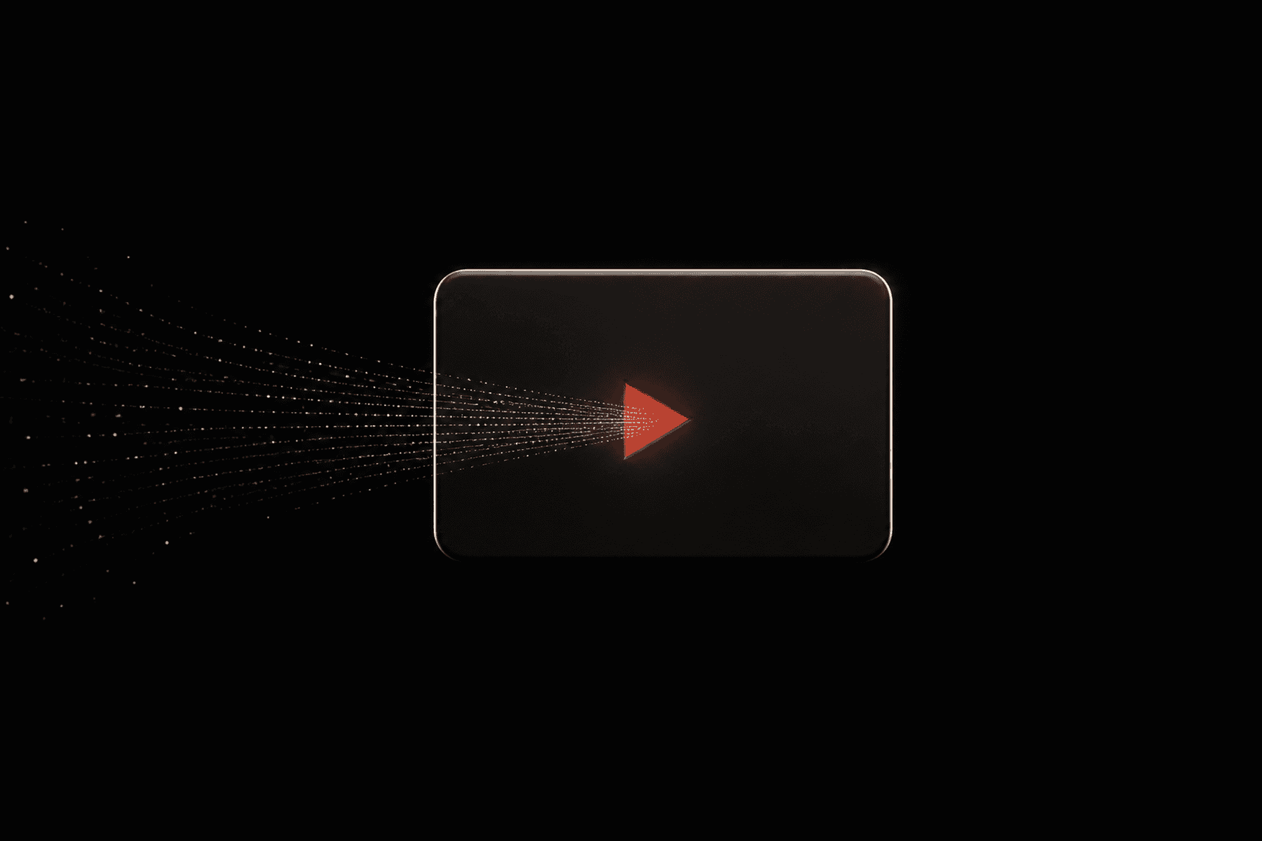 Tiny points of light converge on a single red aperture inside a dark television-shaped screen.