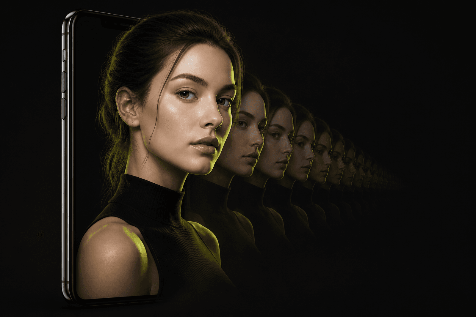 A synthetic young woman emerging from a phone, with identical faces repeating behind her.