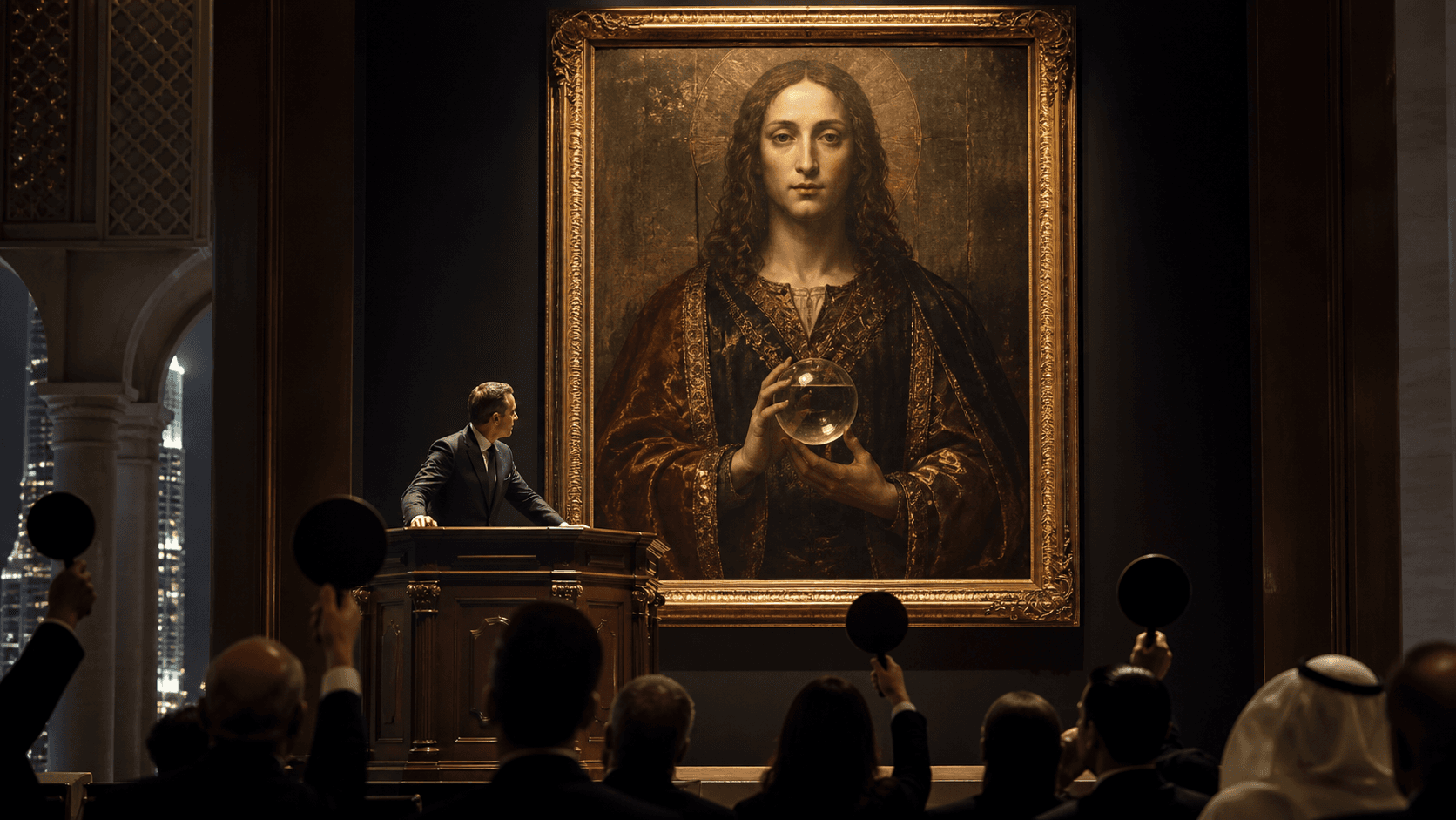 International collectors raise bidding paddles beneath a monumental Renaissance-style portrait in a dark auction room.