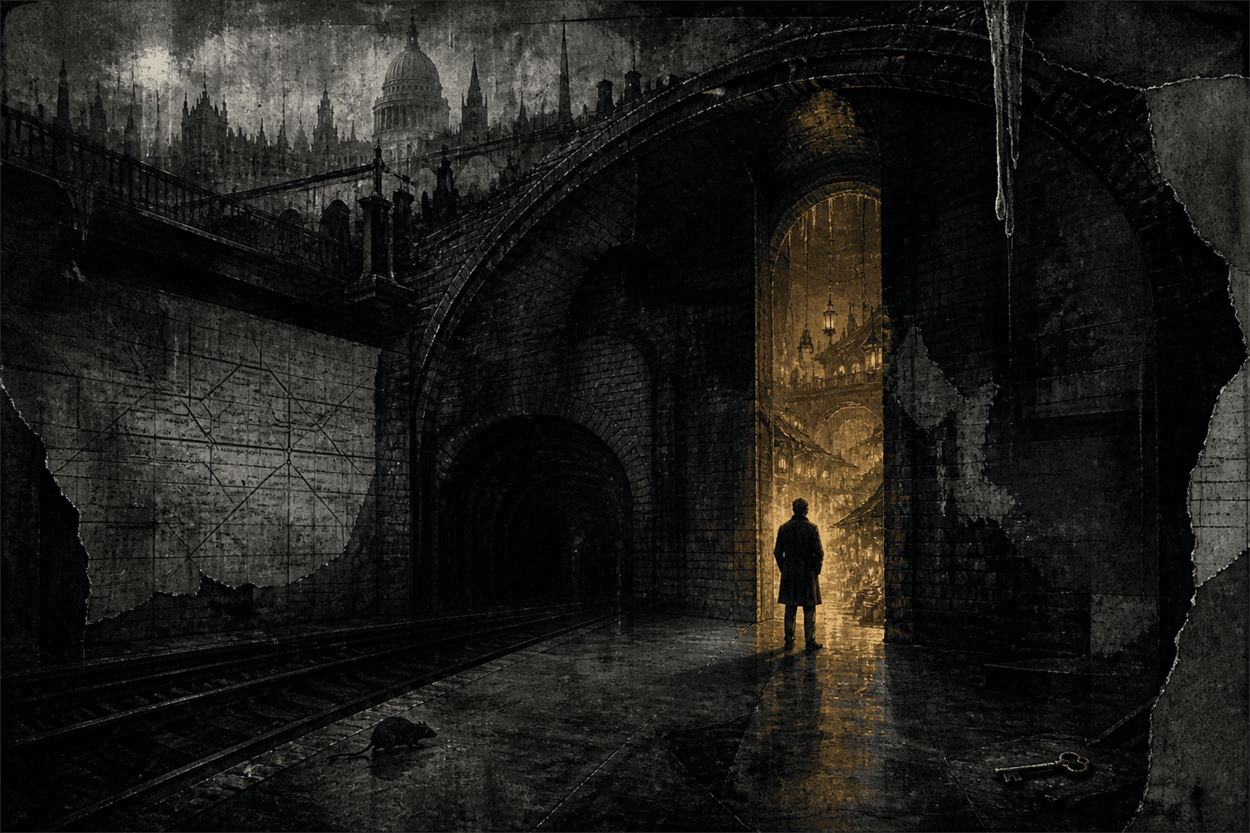 A lone figure faces an amber doorway beneath a distressed, ink-black London skyline