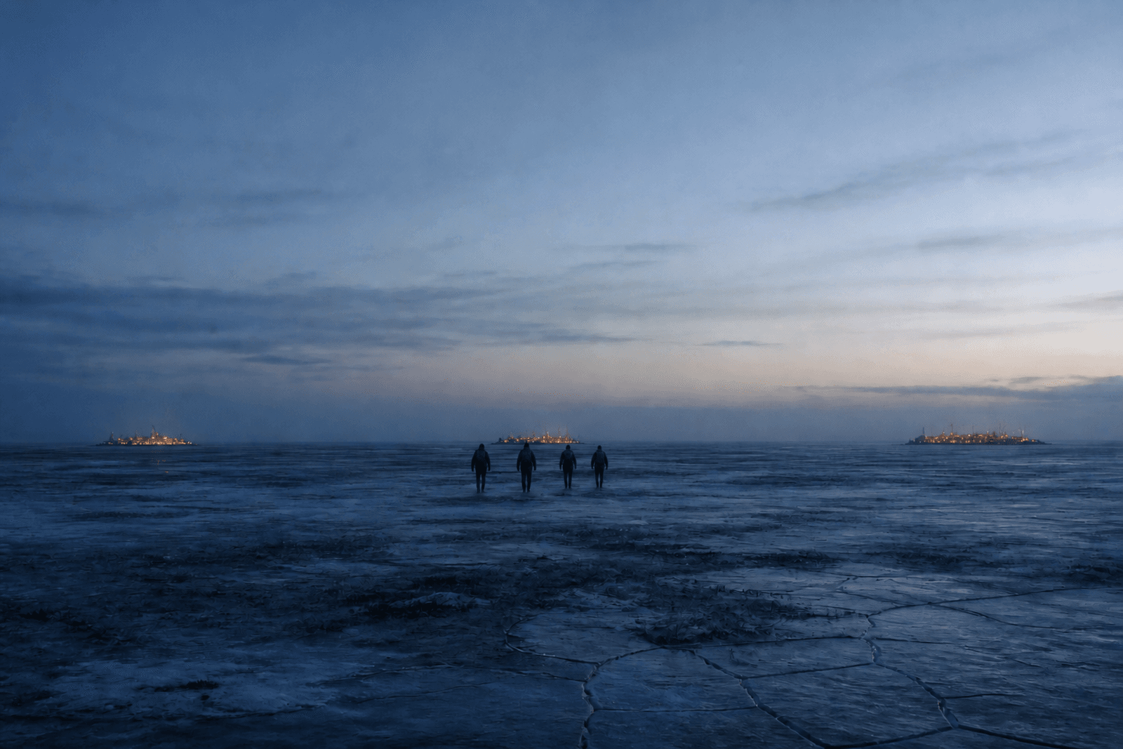 Four backpacked travellers walk across a vast northern landscape towards a thin chain of city lights.